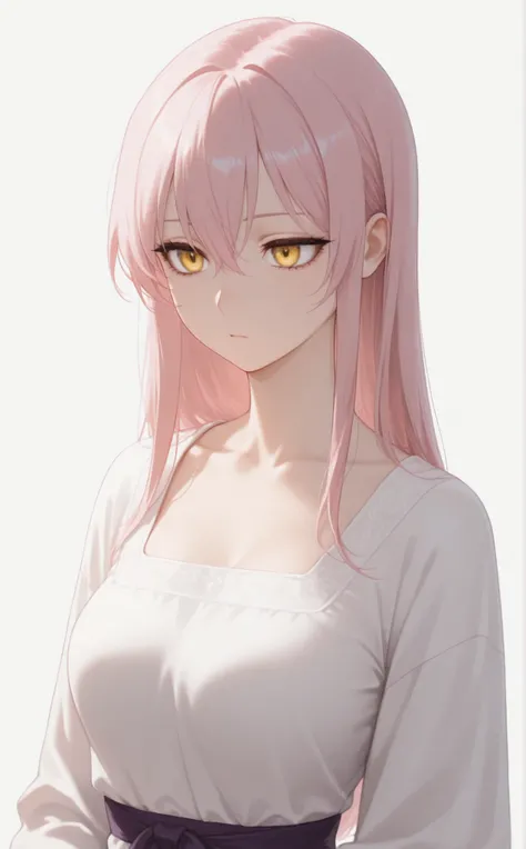 masterpiece, newest, Best Resolution, HD Quality, good lighting, safe. beautiful, adult, anime, good anatomy, .  Pale pink hair , Hair below the shoulders. Golden-yellow eyes, dark eyelashes, piel clara, slim build, Medium Breasts Size D. She is 24 years o...