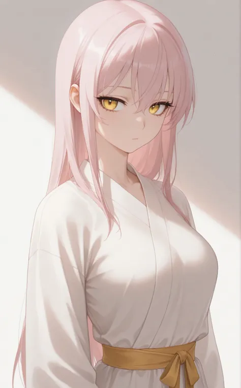 masterpiece, newest, Best Resolution, HD Quality, good lighting, safe. beautiful, adult, anime, good anatomy, .  Pale pink hair , Hair below the shoulders. Golden-yellow eyes, dark eyelashes, piel clara, slim build, Medium Breasts Size D. She is 24 years o...