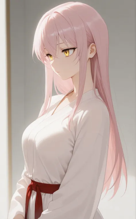 masterpiece, newest, Best Resolution, HD Quality, good lighting, safe. beautiful, adult, anime, good anatomy, .  Pale pink hair , Hair below the shoulders. Golden-yellow eyes, dark eyelashes, piel clara, slim build, Medium Breasts Size D. She is 24 years o...