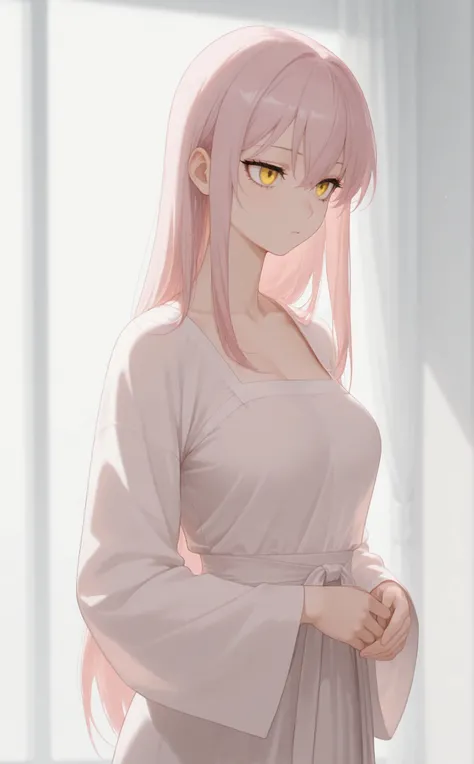 masterpiece, newest, Best Resolution, HD Quality, good lighting, safe. beautiful, adult, anime, good anatomy, .  Pale pink hair , Hair below the shoulders. Golden-yellow eyes, dark eyelashes, piel clara, slim build, Medium Breasts Size D. She is 24 years o...
