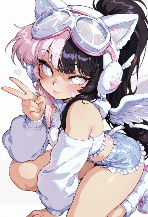 masterpiece, best quality, 1girl, , Bl3th3bn3_Styl3_SKNSFW , ((white eyes)), (((black hair and pink split-color hair))), straight bangs, ponytail, ((hime wolf cut hair, long hair,)) sexy, ((white goggles on head,)) white bandaid on cheek, blush, (puffy hea...