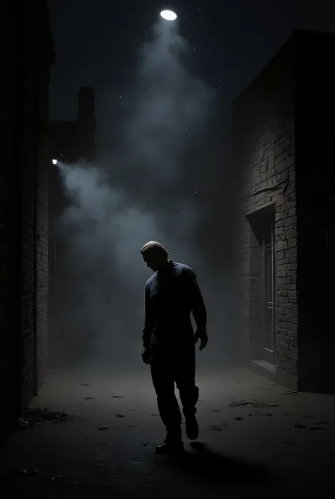 Michael Myers, portrait, dark surreal, nighttime, darkness, black sky, foggy, dark alley background, high detail.