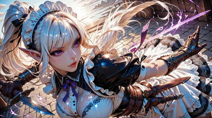 Elf, womman, white hair, ponytail, purple eyes, maid clothes, gloves, cozy environtment, sword, dagger , batik, lace, armguard, tight, natalie portman face, dynamic pose, dynamic angle, intricate design, damascus steel, tight shot, view from above, shiny s...