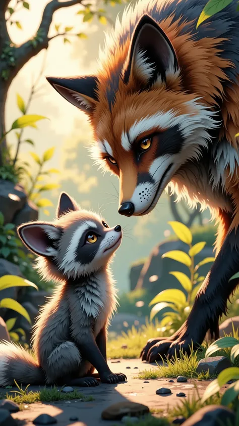  (Thema is Little fox's confession :1.2),  (Thema is Little fox's confession :1.2), An adult fox and a baby raccoon dog that resembles a fox, The little fox was actually a little raccoon dog, The adult fox loves the little raccoon, photorealistic,4K,ultra-detailed,realistic,physically-based rendering,professional,vivid colors,natural lighting,