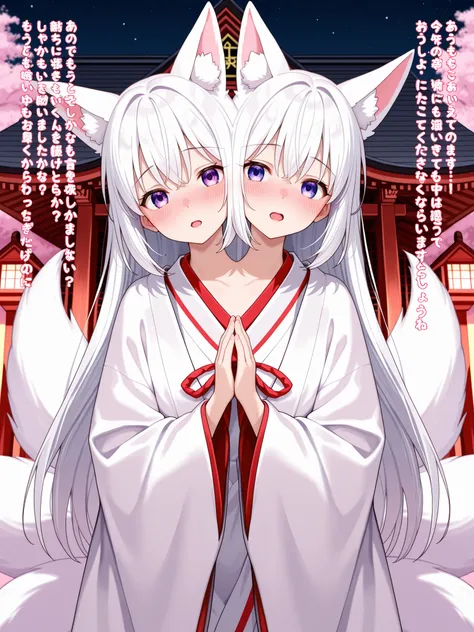 two heads, anime girl with two heads, kitsune, white hair, purple eyes, open mouth, love confession, hands folded together, black shrine maiden robe, cherry blossom shrine at night