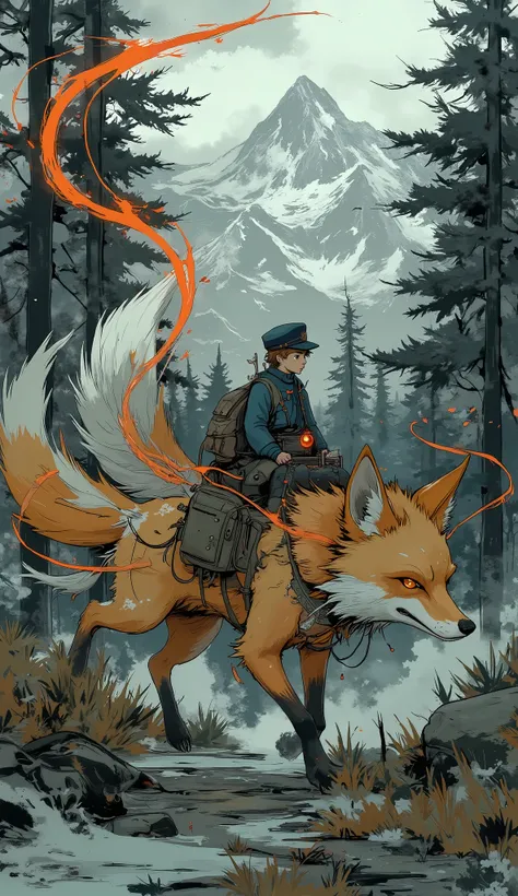 masterpiece, best quality, ultra-detailed, cinematic lighting, photorealistic fantasy  
a mythical nine-tailed fox with glowing fur and flowing ethereal tails, walking gracefully through a forest path surrounded by tall conifer trees  
a young boy dressed ...