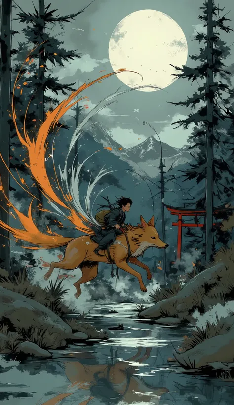 masterpiece, best quality, ultra-detailed, dynamic motion blur, photorealistic, fantasy night scene  
a legendary Japanese kitsune fox with exactly nine long, flowing, glowing tails, each clearly visible and trailing behind in motion  
the kitsune runs at ...
