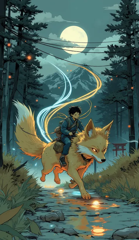 masterpiece, best quality, ultra-detailed, (dynamic motion blur), photorealistic, fantasy night scene  
a legendary Japanese kitsune fox with exactly nine long, flowing, glowing tails, each clearly visible and trailing behind in motion  
the kitsune runs a...