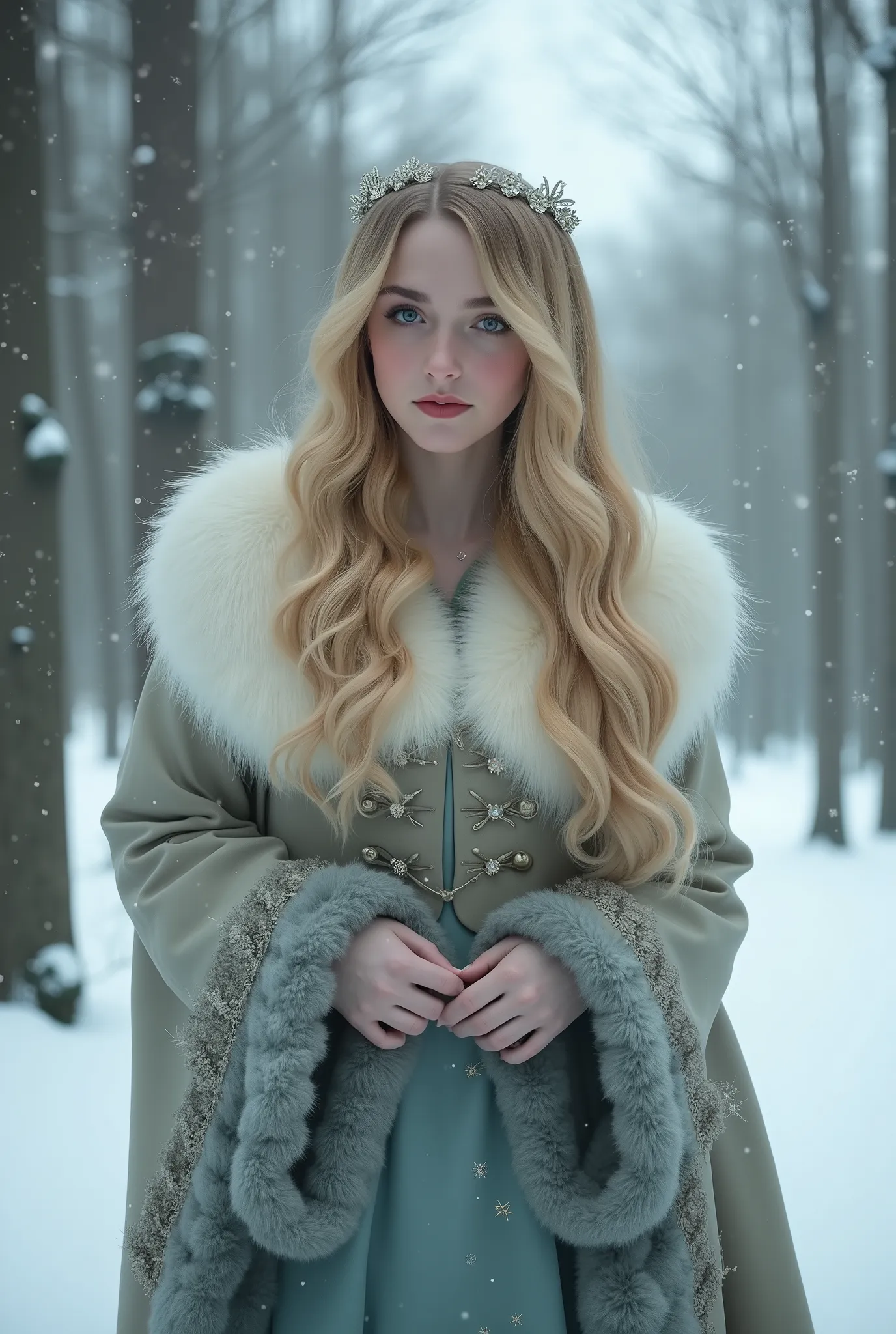 Mackenna Grace Very white young woman , long yellowish blond hair in The Chronicles of Narnia, in a winter setting , snowy forest surrounding the site with snow on the leaves