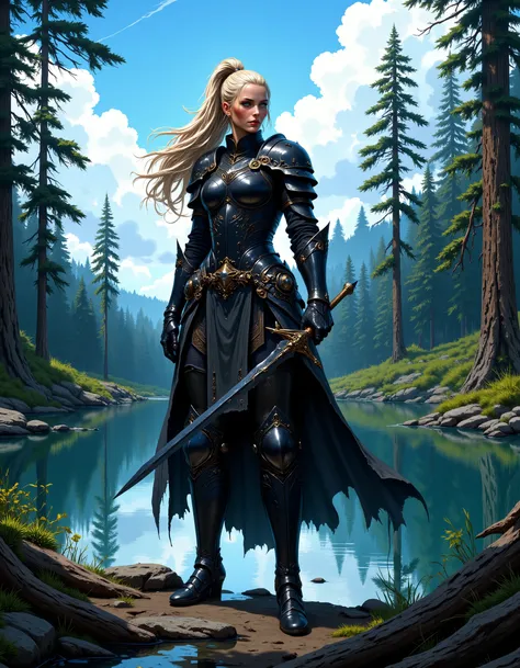 In RPG style, in style of Dungeons & Dragons, in style of fantasy painting. Full body view, looking at the viewer. Image of a female warrior, holding a sword with dark blade. Dark Armor. Dark pants. High leather boots with small heels. Blonde hair. ponytai...
