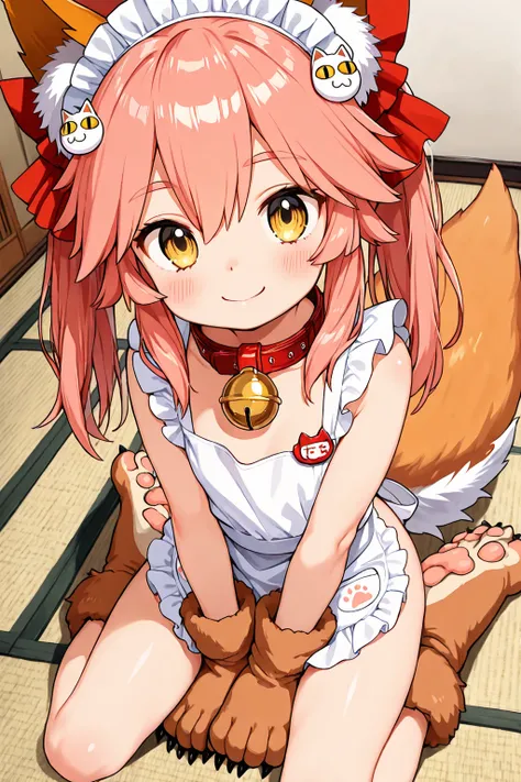masterpiece, best quality, 1girl, solo, Tamamo no Mae, tamaCat_3rdAscensio, animal ear fluff, animal ears, fox ears, fox girl, fox tail, hair ribbon, pink hair, tail, yellow eyes, naked apron, paw gloves, paw shoes, red hair ribbon, collar, bell, maid headdress, cat hair ornament, ((innocent)) , ((little girl)) , ((very young little girl)) , ((short height)) , Kindergarten children, (from above), looking at viewer, smile, tatami, sitting, japanese style room,