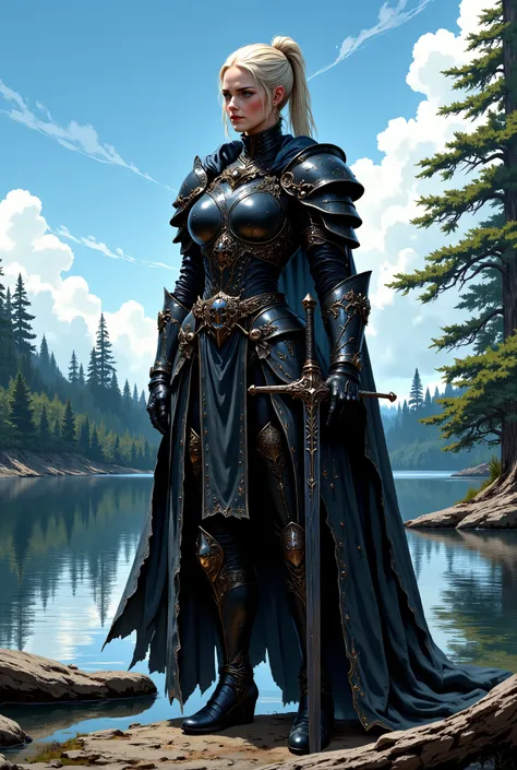 In RPG style, in style of Dungeons & Dragons, in style of fantasy painting. Full body view, looking at the viewer. Image of a female warrior, holding a sword with dark blade. Dark Armor. Dark pants. High leather boots with small heels. Blonde hair. ponytai...