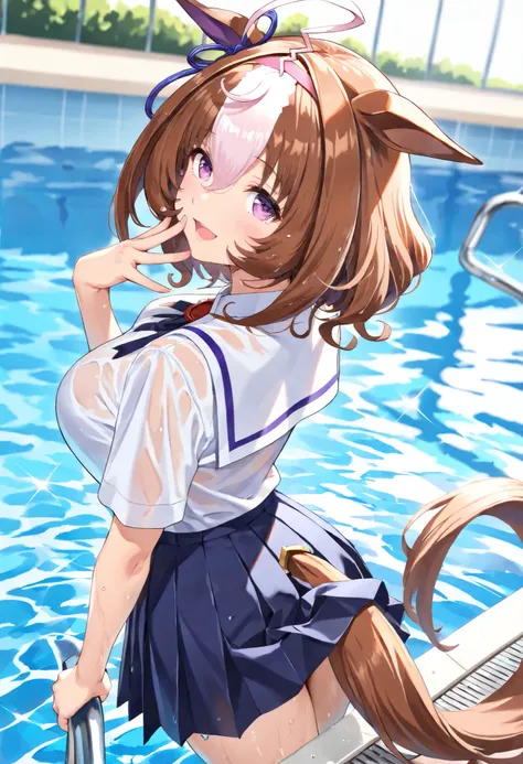 (masterpiece, best quality, perfect face:1.4), wide angle, meisho doto \(umamusume\), 1girl, ahoge, horse ears, ear ornament, pink headband, horse tail, tail on the lower back, proportional body, proportional, beautiful hair, beautiful face, beautiful deta...