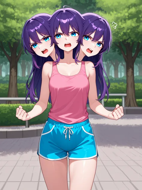 three heads, anime girl with three heads, physically fighting with herself, purple hair, aquamarine eyes, open mouth, straining against herself, annoyed, uncoordinated, wobbly, pink tank top, blue shorts, park