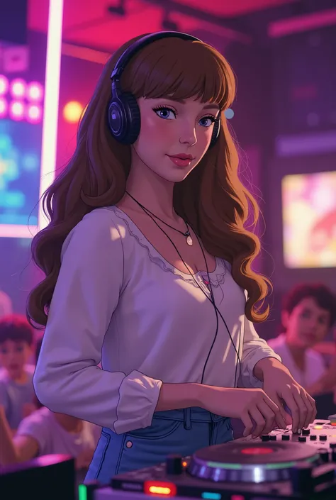 Estilo Ghibli，DJ feminina,  Energetic ,  Confidence , atmosfera de festa, toca-discos, fone de ouvido,  roupas modernas, cores brilhantes,  neon, smoke effect ,  Crowd dancing,   Raise your hands , internship, Mix Music,  Olhando fixamente , sorriso encant...