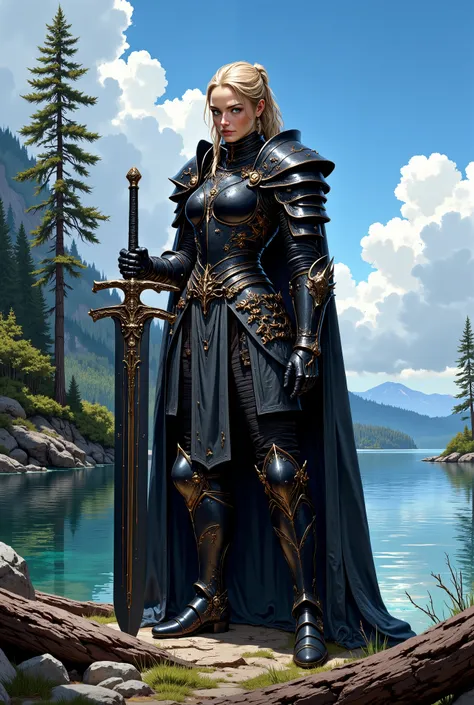 In RPG style, in style of Dungeons & Dragons, in style of fantasy painting. Full body view, looking at the viewer. Image of a female warrior, holding a sword with dark blade. Dark Armor. Dark pants. High leather boots with small heels. Blonde hair. ponytai...