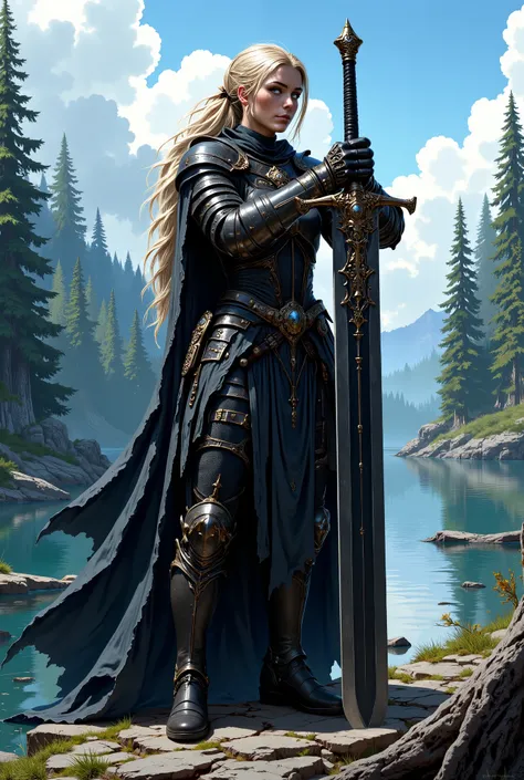 In RPG style, in style of Dungeons & Dragons, in style of fantasy painting. Full body view, looking at the viewer. Image of a female warrior, holding a sword with dark blade. Dark Armor. Dark pants. High leather boots with small heels. Blonde hair. ponytai...