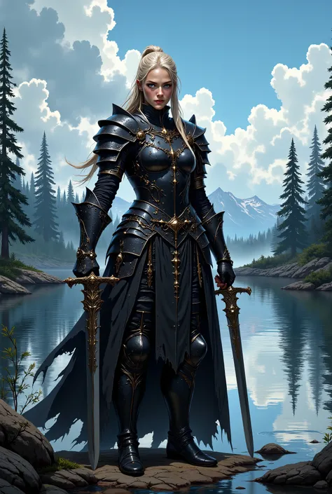 In RPG style, in style of Dungeons & Dragons, in style of fantasy painting. Full body view, looking at the viewer. Image of a female warrior, holding a sword with dark blade. Dark Armor. Dark pants. High leather boots with small heels. Blonde hair. ponytai...