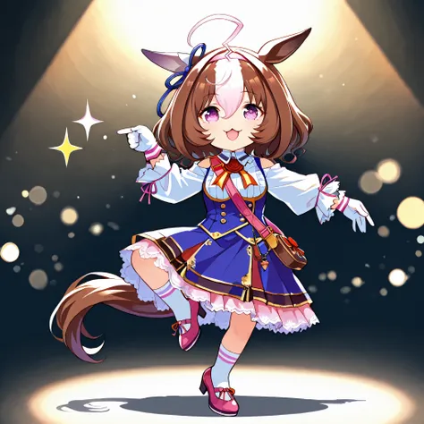 chibi, (masterpiece, best quality, perfect face:1.4), wide angle, meisho doto \(umamusume\), 1girl, ahoge, horse ears, ear ornament, pink headband, horse tail, tail on the lower back, proportional body, proportional, beautiful hair, beautiful face, beautif...