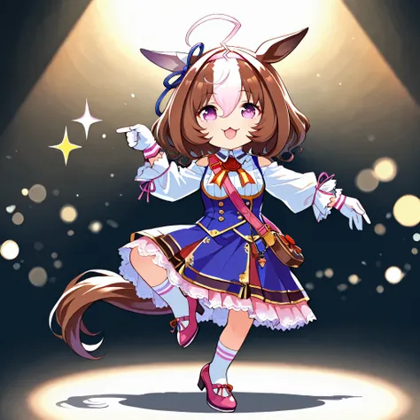 chibi, (masterpiece, best quality, perfect face:1.4), wide angle, meisho doto \(umamusume\), 1girl, ahoge, horse ears, ear ornament, pink headband, horse tail, tail on the lower back, proportional body, proportional, beautiful hair, beautiful face, beautif...