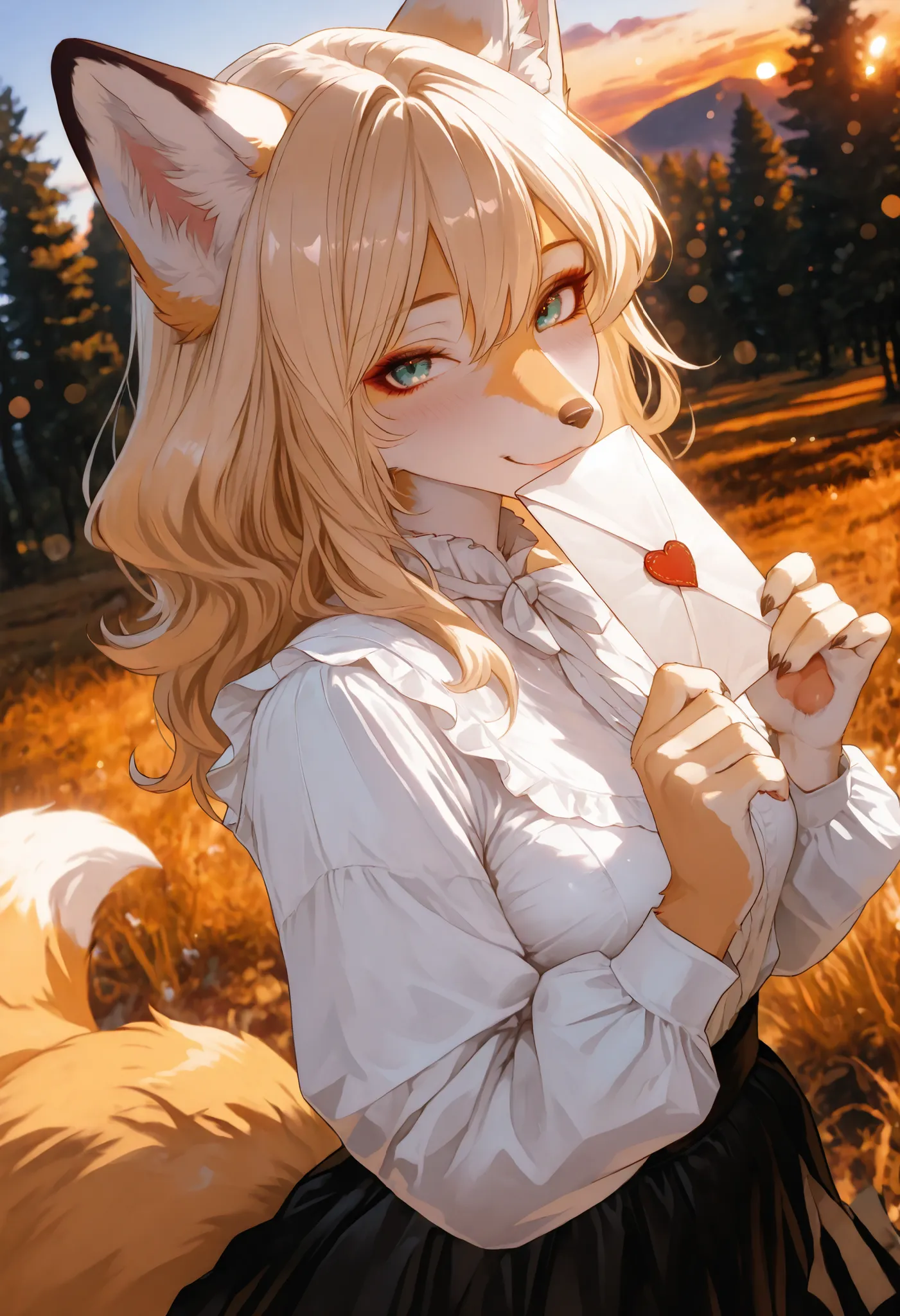 1 Beautiful Girl, from above:1.2, Blonde, Holding a Letter, blouse, black skirt, Letter with Heart, fox, furry, slender body, (Fox face, fox ears, fox hands, fox's paw, paw paw, fox tail),High Quality, detailed facial details, 4K high quality, anime style,...