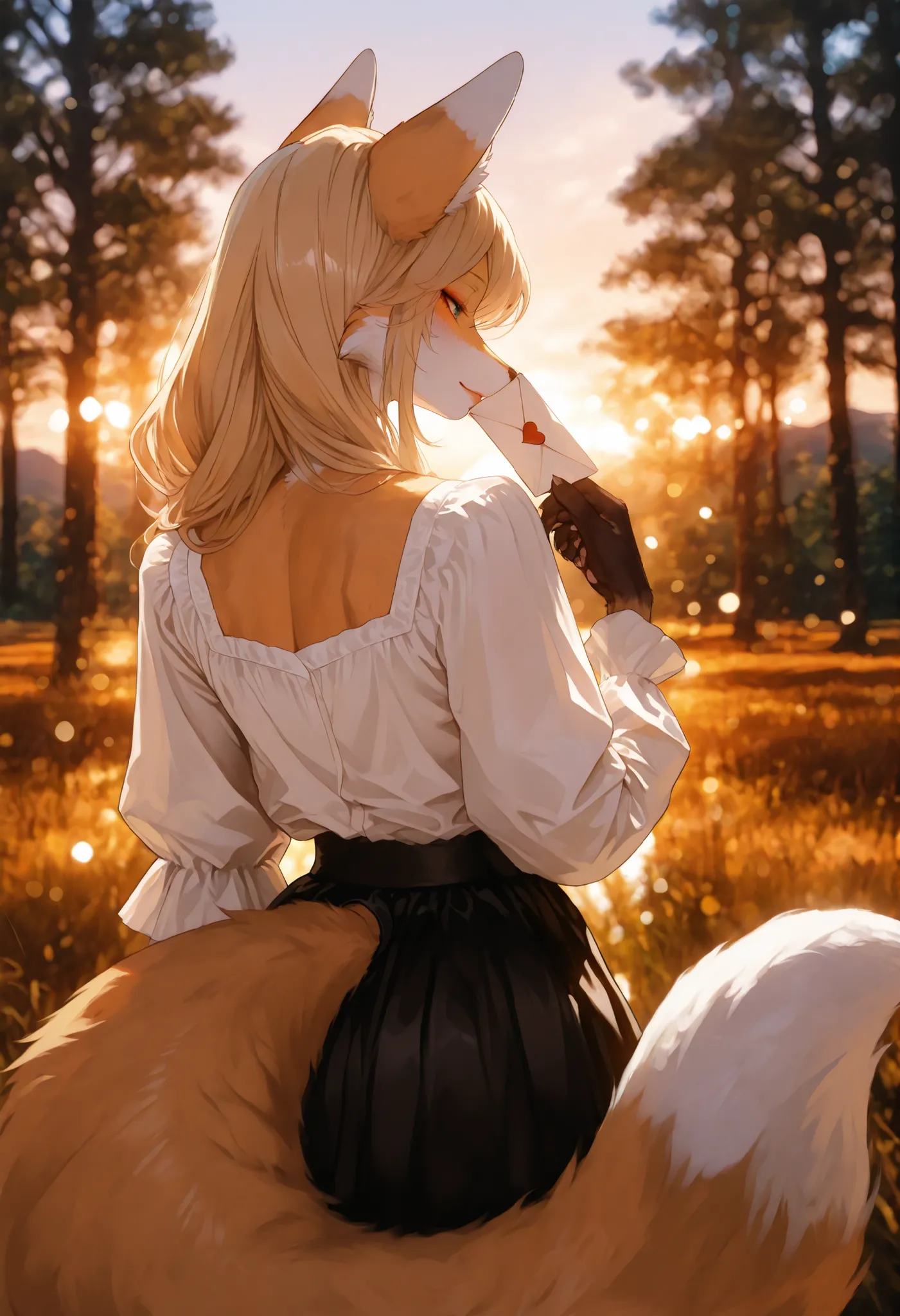 1 Beautiful Girl, Back view:1.2, Blonde, Woman holding a letter in her hand , blouse, black skirt, Letter with Heart, fox, furry, slender body, (Fox face, fox ears, fox hands, fox's paw, paw paw, fox tail),High Quality, detailed facial details, 4K high qua...