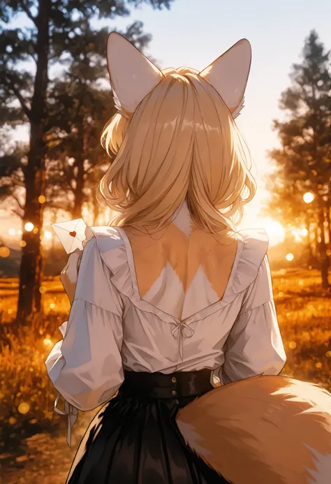 1 Beautiful Girl, Back view:1.2, Blonde, Woman holding a letter in her hand , blouse, black skirt, Letter with Heart, fox, furry, slender body, (Fox face, fox ears, fox hands, fox's paw, paw paw, fox tail),High Quality, detailed facial details, 4K high qua...