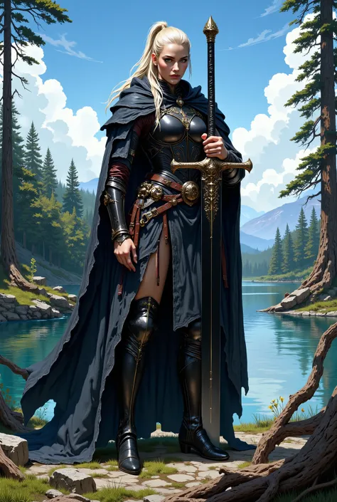 In RPG style, in style of Dungeons & Dragons, in style of fantasy painting. Full body view, looking at the viewer. Image of a female warrior, holding a sword with dark blade. Dark Armor. Dark pants. High leather boots with small heels. Blonde hair. ponytai...