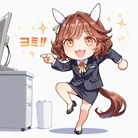 chibi, (masterpiece, best quality, perfect face:1.4), wide angle,  haiseiko \(umamusume\), 1girl, brown hair, orange eyes, white ear covers, horse ears, white ear ornament, horse tail, tail on the lower back, proportional body, proportional,1 girl, beautif...