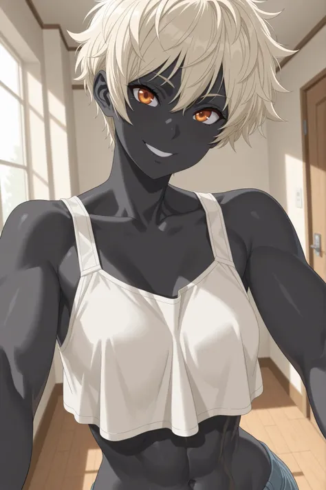 masterpiece, high score, great score, absurdres, solo, female, close up, blonde hair, platinum blonde, pixie cut, long messy hair, spiky hair, amber eyes, black skin, darkest grey skin, tall, broad shoulders, tomboy, wide smile, cottage, indoors, looking a...