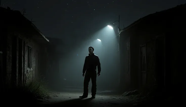 Michael Myers, portrait, dark surreal, nighttime, darkness, black sky, foggy, dark alley background, high detail.