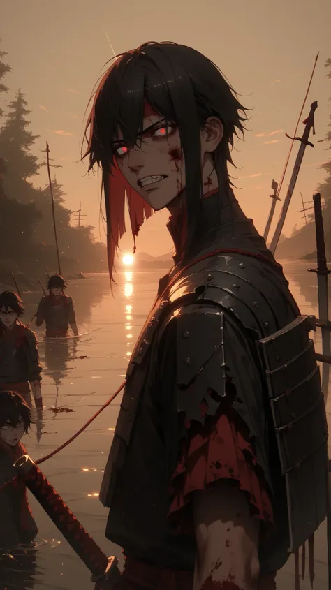 Battlefield、Other samurals falling into the river with the reflection of the sunset in the water、Looking back holding a bloody Japanese sword from the side、Three bright red eyes with white eyes、Characteristic canine teeth、Pele escura, suja e fuliginosa、ver...