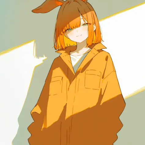 A girl with orange bob hair and bunny ears is leaning against a white wall, standing in front of me. She is wearing an orange jumpsuit, like a prison outfit. With a smile, there are some lines on the wall indicating her height. It looks like a scene from a...