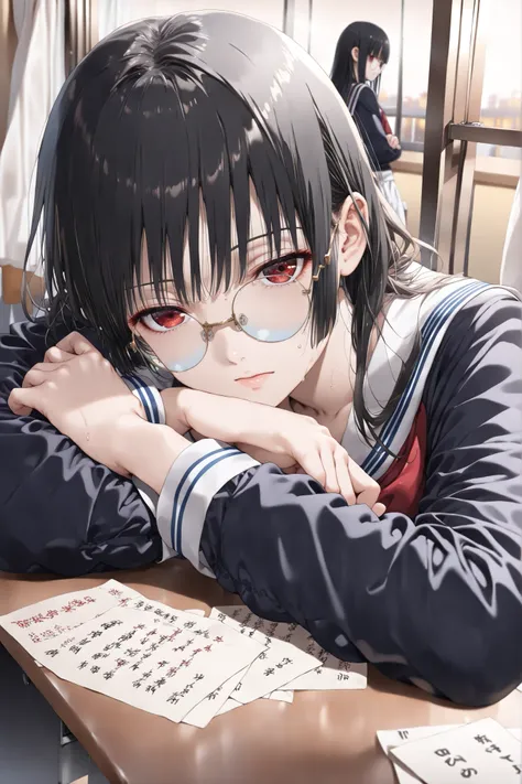 Enma Ai（Hell Girl）(girls: sleeping, leaning against the desk, Head on arm, sailor suit、School Uniform), ((机の上に開いたNotes ), ((wearing glasses、Round glasses)), (Notes), Rays of Twilight, (Summer shining outside the window), sweat, (dramatic posing), (depth of...