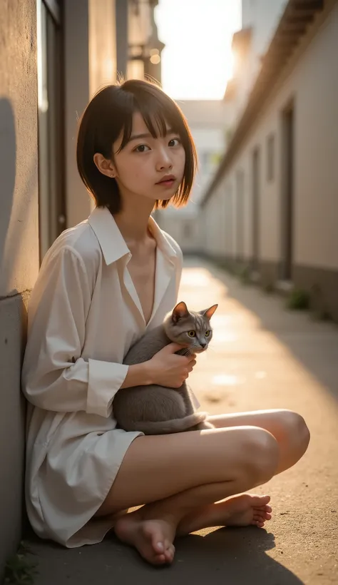 (8k), (best quality), RAW photo, (photo realistic:1.4), very detailed, cute, Very cute Japanese girl, without makeup,(very thin), ((Middle Haircut )) , No expression, , beautiful black hair shining gold in the sunset, oversized white long shirt, white unde...