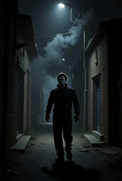 Michael Myers, portrait, dark surreal, nighttime, darkness, black sky, foggy, dark alley background, high detail.