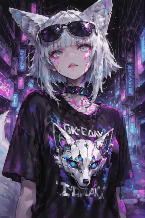fox girl、Silver Hair、Silver Eyes、Seven silver tails、 Wear 、wearing sunglasses,  neon color, Stylish fox illustration t-shirt, cyberpunk、Rock Taste、