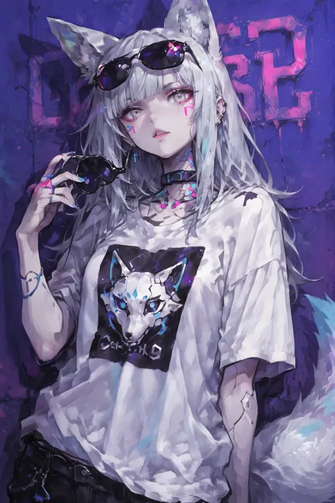fox girl、Silver Hair、Silver Eyes、Seven silver tails、 Wear 、wearing sunglasses,  neon color, Stylish fox illustration t-shirt, cyberpunk、Rock Taste、