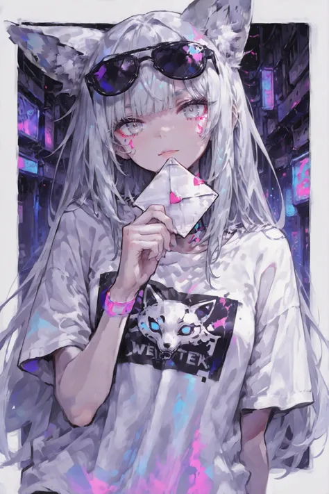 fox girl、Silver Hair、Silver Eyes、Seven silver tails、 Wear 、wearing sunglasses,  neon color, Stylish fox illustration t-shirt, cyberpunk、Rock Taste、The act of holding a letter in the right hand and handing it to the viewer、