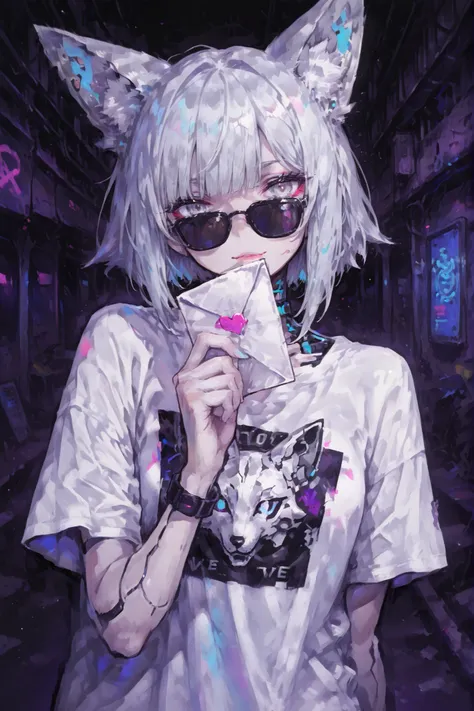 fox girl、Silver Hair、Silver Eyes、Seven silver tails、 Wear 、wearing sunglasses,  neon color, Stylish fox illustration t-shirt, cyberpunk、Rock Taste、The act of holding a letter in the right hand and handing it to the viewer、