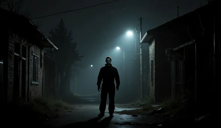 Michael Myers, portrait, dark surreal, nighttime, darkness, black sky, foggy, dark alley background, high detail.