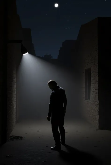Michael Myers, portrait, dark surreal, nighttime, darkness, black sky, foggy, dark alley background, high detail.