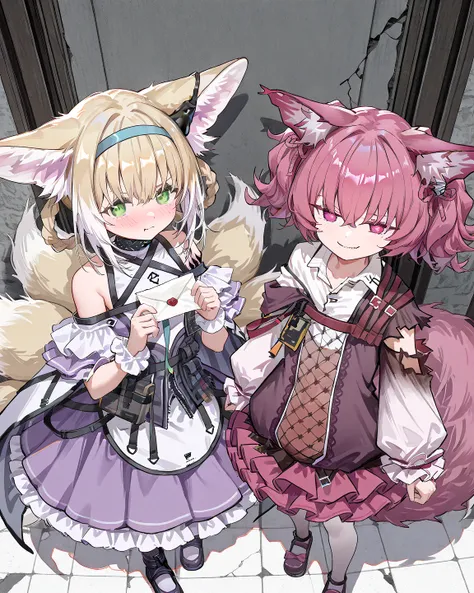 2girls , Two girls are standing side by side , 
break , 
girlA , Shamare_Arknights , 138cm , holding a letter , grumpy , averted her eyes shyly , blush , 
break , 
girlB , Suzuran_Arknights , 137am , holding a letter , innocent smile , 
break , 
( ambient occlusion:0.9 ) , masterpiece , best quality , ultra-detailed , high resolution , extremely detailed CG , unity 8k wallpaper , super detailed skin , perfect anatomy , detailed , detailed beautiful face and eyes  , highres , chiaroscuro , cinematic lighting , from above , cinematic angle ,