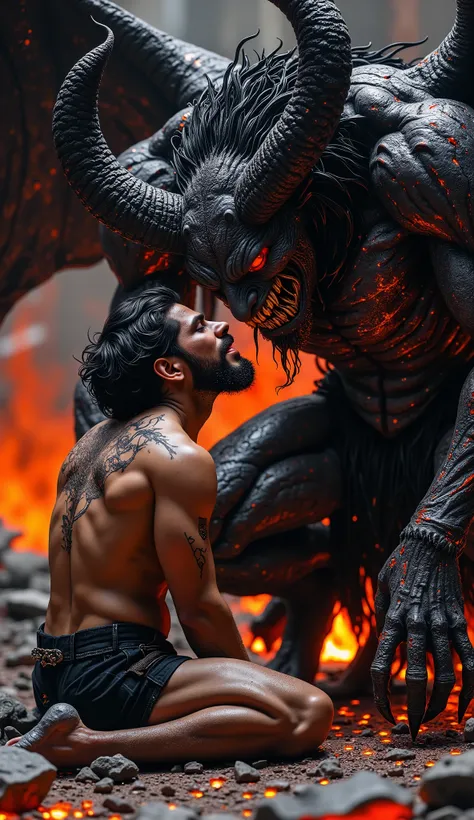 A hyper realistic, high detail infernal close-up scene. A powerful demon father, Lucifer, towers over his son, a 38-year-old Latino man with black wavy hair, black-rimmed glasses removed, and a ten-day beard. The son kneels on cracked, ash-covered ground, ...