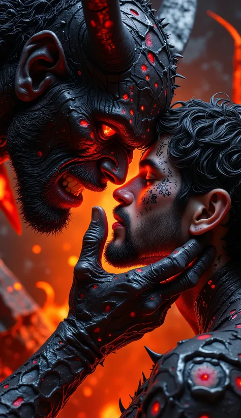 A hyper realistic, high detail infernal close-up. Lucifer, a towering demon with cracked obsidian skin and blazing red eyes, holds his kneeling son’s face with one clawed hand. The 38-year-old Latino man has black wavy hair, a 10-day beard, his skin scarre...
