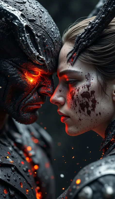 A hyper realistic, high detail infernal close-up. Lucifer kneels in front of his son, massive black wings forming a protective cocoon. His clawed thumb wipes a streak of blood from his son’s cheek. The man’s eyes are closed, a single tear turns into smoke ...