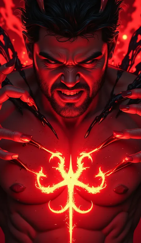 A hyper realistic, high detail infernal close-up. Lucifer’s hand is pressed over his son’s chest, claws slightly piercing the skin. Glowing blood seeps between his fingers, forming an infernal sigil on the son’s chest. The son grits his teeth, eyes open wi...