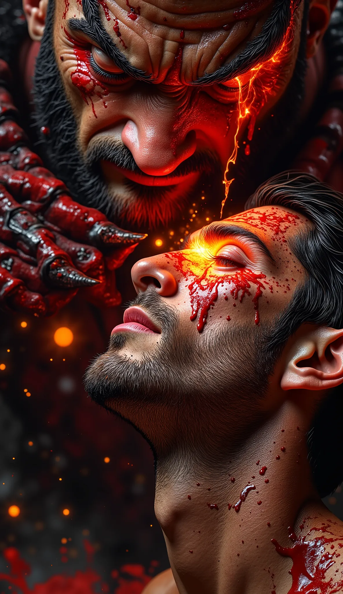 A hyper realistic, high detail close-up. Lucifer stands towering above, his massive clawed thumb presses into the center of his son’s forehead, leaving a trail of glowing blood that trickles down the man’s nose. The son, bruised and covered in ash, looks u...