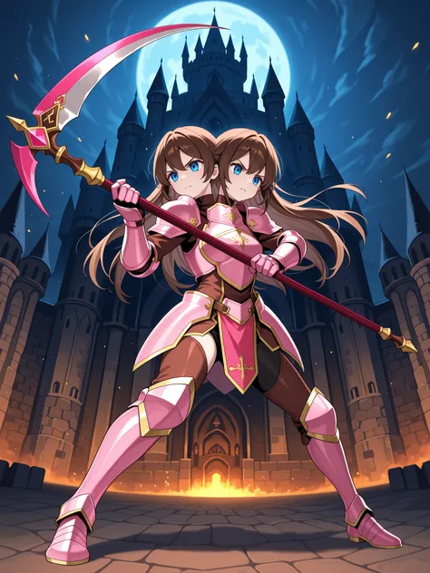 two heads, anime pink knight with two heads, brown hair, blue eyes, holding a scythe in both hands, action pose, castle arena
