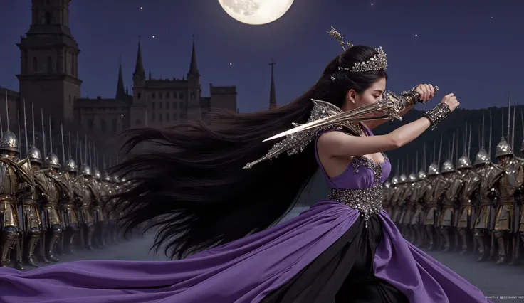 A Japanese woman is sticking a sword on the ground,  The composition is her whole body, She is wearing a fantasy armor over her dress, She is wearing a  Takebe Motoichiroh style sexy dress, The dress color is purple, The dress has bare shoulder, She is wea...